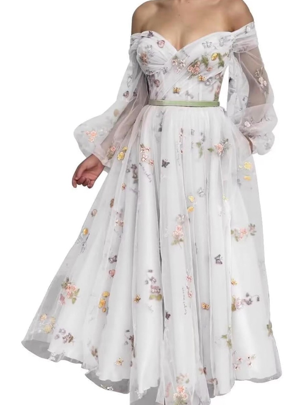 Off-Shoulder White Floral Embroidered Midi Dress
